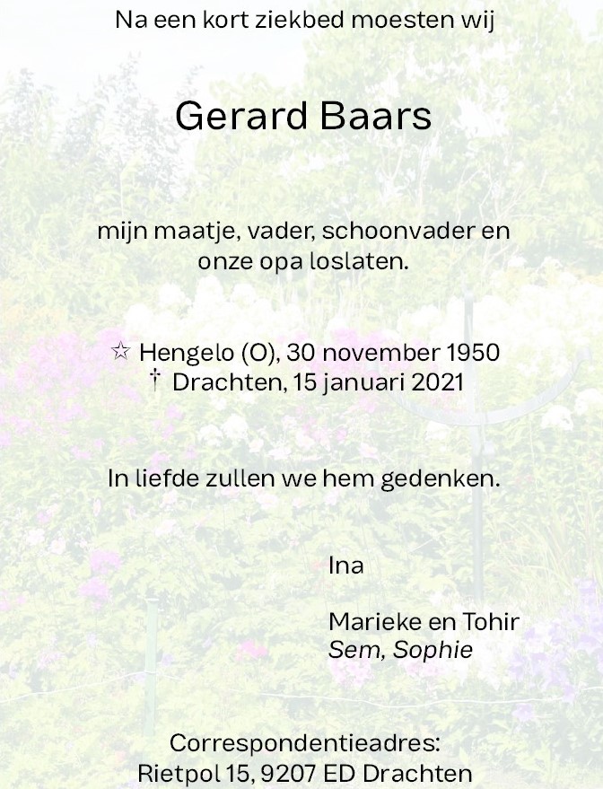 Rouwadvertentie Gerard Baars